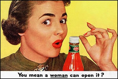 Sexist vintage advertisement ketchup bottles